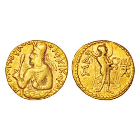 Kushan Empire, gold dinar of Huvishka (c.155-190AD), Goebl 146, 7.79g. Obv: crowned and di