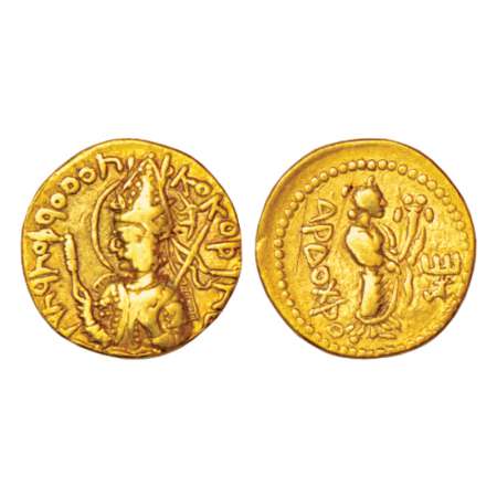 Kushan Empire, gold dinar of Huvishka (c. 155-190AD) Goebl 286/7-8 var. 7.63g. Obv: nimbat