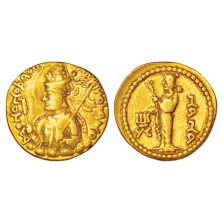 Kushan Empire, gold dinar of Huvishka (c.155-190AD), Goebl 377 (goddess standing right), 7
