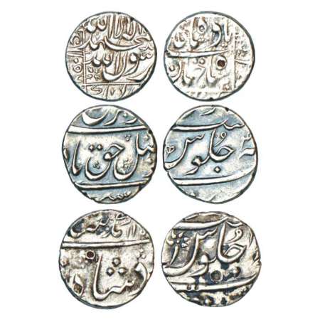 A group of 3 Mughal silver ½ rupee, Surat mint, 1x Shah Jahan, AH 1056/RY 20, 1x Farrukhsi