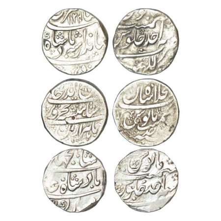 A group of 3 Mughal silver rupee, 1x Jahandar Shah, Lakhnau mint, 'Sahib Qiran' couplet, A
