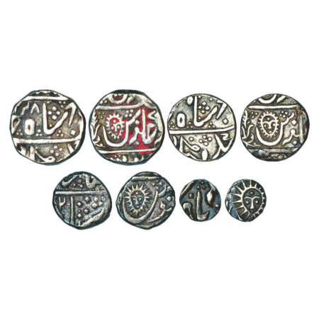 Indore, set of 4 silver coins, rupee, ½ rupee, ¼ rupee and 1/8 rupee, Malharnagar mint typ