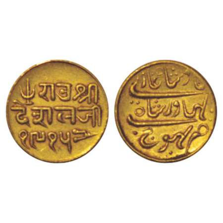 Kutch, Deshalji II/Bahadur Shah II (1819-1860 AD), gold 25 kori, 4.67g, VS 1915, DR-K 162.