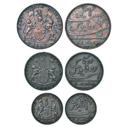 Madras Presidency, Soho mint, copper coins (3), 20 cash, 10 cash and 5 cash, AD 1803. Obv: