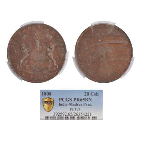 Madras Presidency, Soho mint, proof, copper 20 cash, AD 1808. Obv: East India Company coat