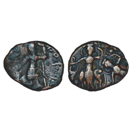 Kushans, copper hemidrachm of Vasudeva I (180-220 AD), MAC 3494-3495, 8.81g. Obv: King sta