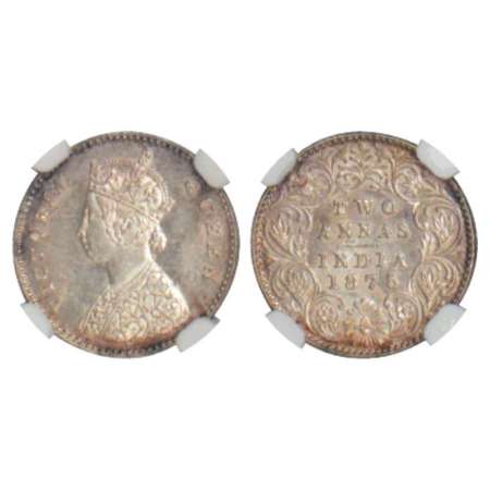 Victoria Queen, silver 2 annas, 1875, Calcutta mint, A/I/no mm, PR 489; GK 741-742. Graded