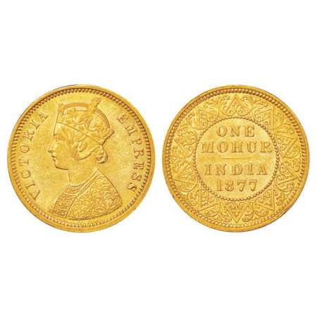 Victoria Empress, gold mohur, 11.65g, 1877, Calcutta mint, two flowers in bottom panel and