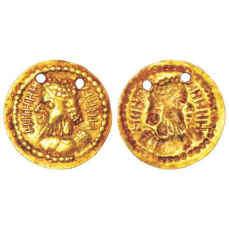 South India, gold jewellery imitation of a Roman coin, repousse fabric, (300-400 AD), with