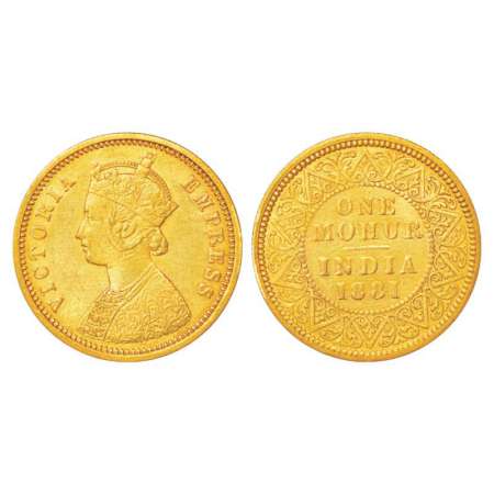 Victoria Empress, gold mohur, 11.60g, 1881, Calcutta mint, two flowers in bottom panel and