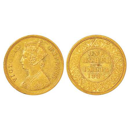 Victoria Empress, gold mohur, 1884, Calcutta mint, two flower type and tiny 'V' in relief,