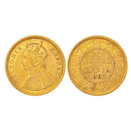 Victoria Empress, gold mohur, 1885, Calcutta mint, two flower type and tiny 'V' in relief,