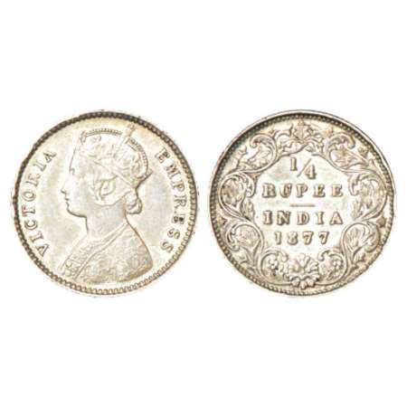 Victoria Empress, silver ¼ rupee, 1877, Calcutta mint, B/I/no mm, PR 382; GK 672. Very fin
