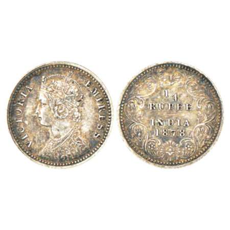 Victoria Empress, silver ¼ rupee, 1878, Calcutta mint, C/II/no mm, PR 383; GK 673. Very fi