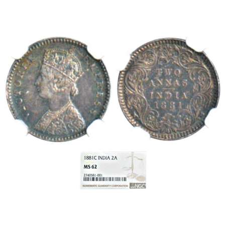 Victoria Empress, silver 2 annas, 1881, Calcutta mint, B/II/'C' incused, PR 496; GK 758. G