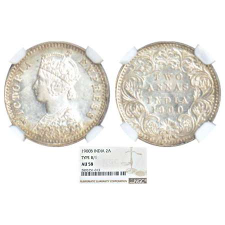 Victoria Empress, silver 2 annas, 1900, Bombay mint, B/I/'B' raised, PR 553; GK 811-812. G