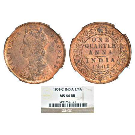 Victoria Empress, copper ¼ anna, 1901, Calcutta mint, B/II, PR 634; GK 860. Graded as MS64