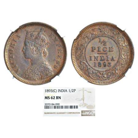Victoria Empress, copper ½ pice, 1893, Calcutta mint, A/I, PR 726; GK 873. Graded as MS62 