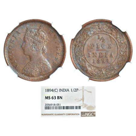 Victoria Empress, copper ½ pice, 1894, Calcutta mint, A/I, PR 727; GK 874. Graded as MS63 