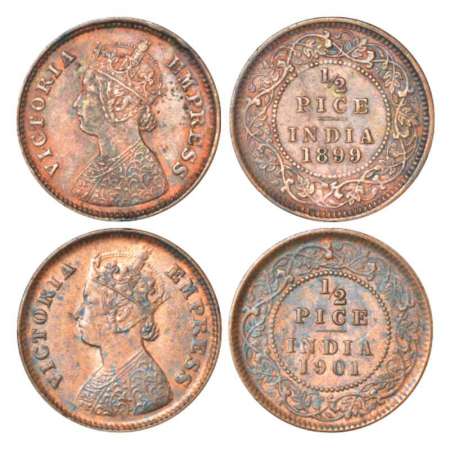 Victoria Empress, copper ½ pice (2), 1899 and 1901, Calcutta mint, A/I, PR 732; GK 879 and
