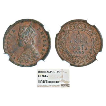 Victoria Empress, copper 1/12 anna, 1883, Bombay mint, obverse 'A', PR 811; GK 895. Graded