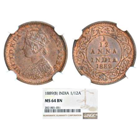Victoria Empress, copper 1/12 anna, 1889, Bombay mint, obverse 'A', PR 816; GK 909. Graded