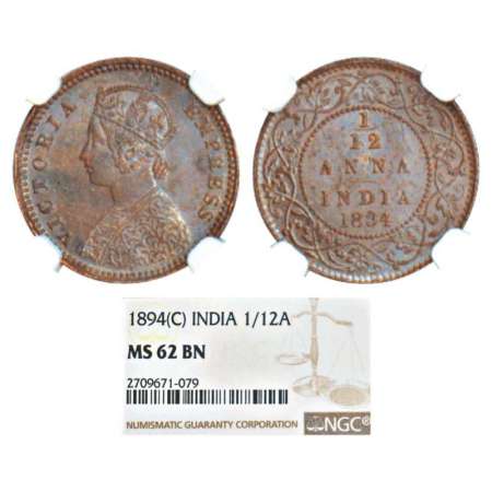 Victoria Empress, copper 1/12 anna, 1894, Calcutta mint, obverse 'B', PR 799; GK 915. Grad