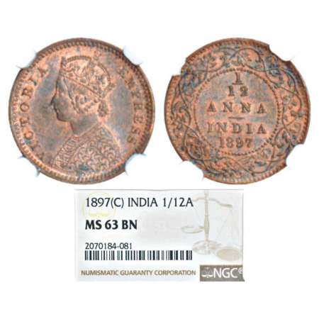 Victoria Empress, copper 1/12 anna, 1897, Calcutta mint, obverse 'B', PR 802; GK 918. Grad
