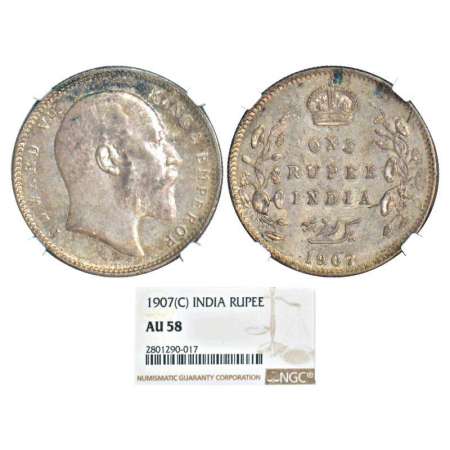 Edward VII, silver rupee, 1907, Calcutta mint, no mint mark, PR 193; GK 942. Graded as AU5
