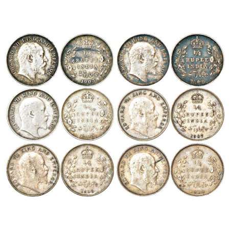 Edward VII, silver ¼ rupee (6), Calcutta mint, 1903, 1904, 1905, 1907, 1908 and 1910, PR 4