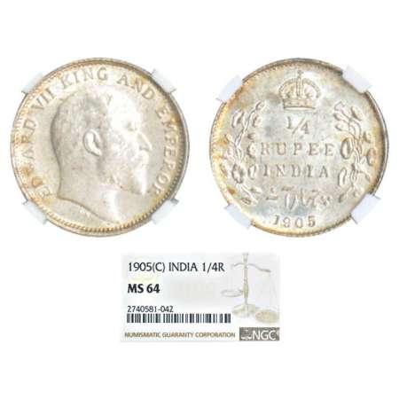 Edward VII, silver ¼ rupee, 1905, Calcutta mint, no mint mark, PR 434; GK 974. Graded as M