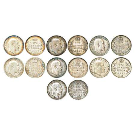 Edward VII, silver 2 annas (7), Calcutta mint, 1903, 1904, 1905, 1906, 1907, 1908 and 1910