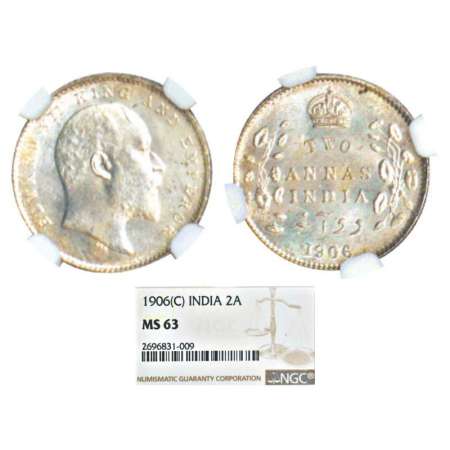 Edward VII, silver 2 annas, 1906, Calcutta mint, no mint mark, PR 559; GK 983. Graded as M
