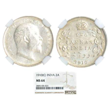Edward VII, silver 2 annas, 1910, Calcutta mint, no mint mark, PR 563; GK 987. Graded as M
