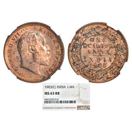 Edward VII, copper ¼ anna, 1903, Calcutta mint, no mint mark, PR 646; GK 994. Graded as MS