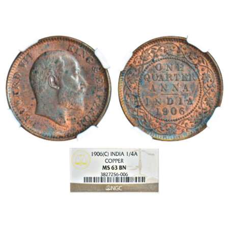 Edward VII, copper ¼ anna, 1906, Calcutta mint, no mint mark, PR 650; GK 997. Graded as MS