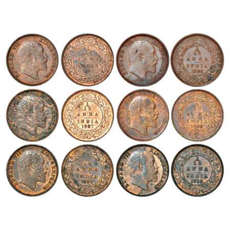 Edward VII, copper 1/12 anna (6), Calcutta mint, 1904, 1906, 1907, 1908, 1909 and 1910, PR