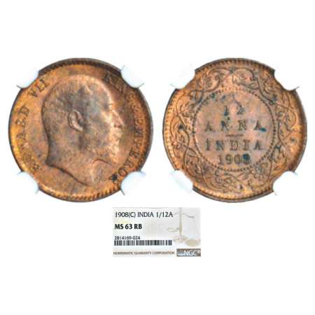 Edward VII, bronze 1/12 anna, 1908, Calcutta mint, no mint mark, PR 824; GK 1018. Graded a