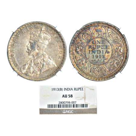 George V, silver rupee, 1913, Bombay mint, dot, PR 219; GK 1028. Graded as AU58 by NGC, Ve