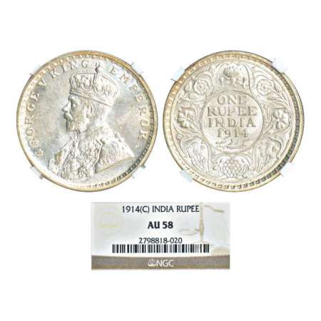 George V, silver rupee, 1914, Calcutta mint, no dot, PR 210; GK 1029. Graded as AU58 by NG