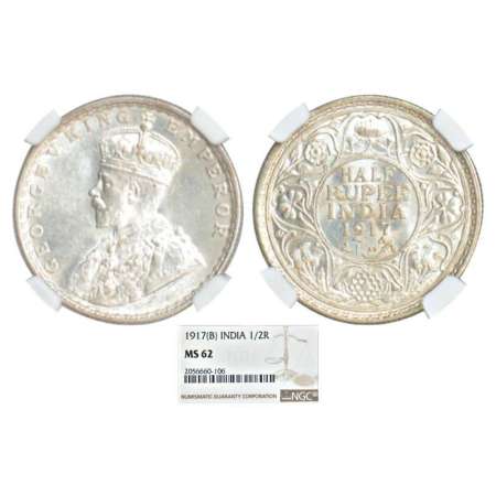 George V, silver ½ rupee, 1917, Bombay mint, dot, PR 341; GK 1055. Graded as MS62 by NGC, 