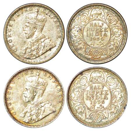 George V, silver ½ rupee (2), 1936, 1x Calcutta mint, no dot, PR 335; GK 1075 and 1x Bomba