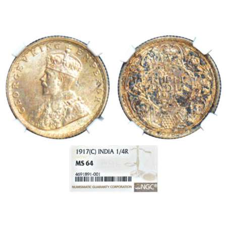 George V, silver ¼ rupee, 1917, Calcutta mint, no dot, PR 446; GK 1090. Graded as MS64 by 