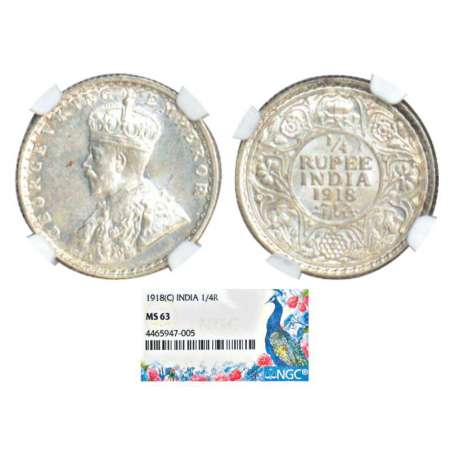 George V, silver ¼ rupee, 1918, Calcutta mint, no dot, PR 447; GK 1091. Graded as MS63 by 