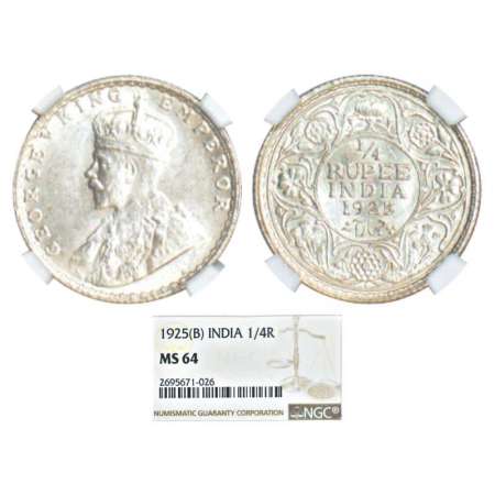 George V, silver ¼ rupee, 1925, Bombay mint, dot, PR 458; GK 1093. Graded as MS64 by NGC, 