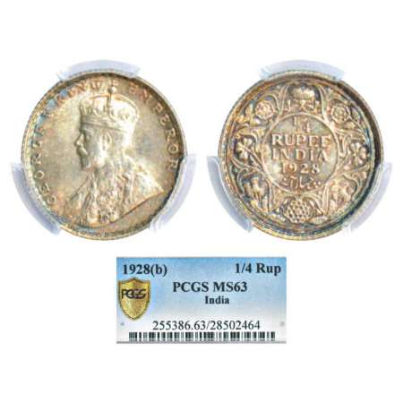 George V, silver ¼ rupee, 1928, Bombay mint, dot, PR 459; GK 1095. Graded as MS63 by PCGS,