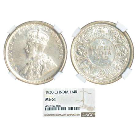 George V, silver ¼ rupee, 1930, Calcutta mint, no dot, PR 451; GK 1097. Graded as MS61 by 