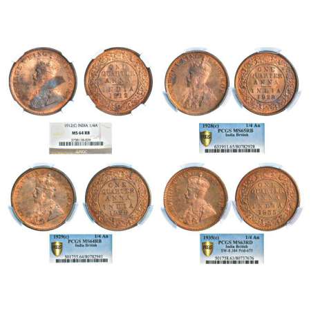 George V, copper ¼ anna (4), Calcutta mint, no dot, 1912, PR 658; GK 1172, Graded as MS64 