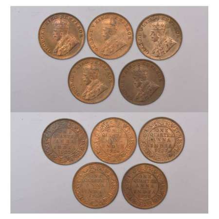 George V, copper ¼ anna (5), Bombay mint, 1925, PR 678; GK 1181, 1926, PR 679; GK 1183, 19