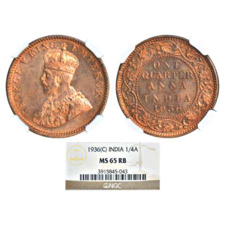 George V, copper ¼ anna, 1936, Calcutta mint, no dot, PR 676; GK 1197. Graded as MS65 RB b